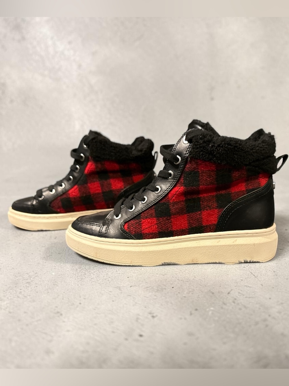Marc Fisher Red and Black Plaid High-Top Booties